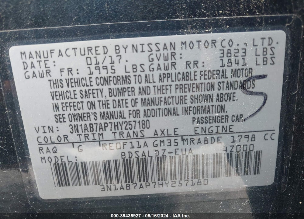 2017 NISSAN SENTRA SV VIN: 3N1AB7AP7HY257180