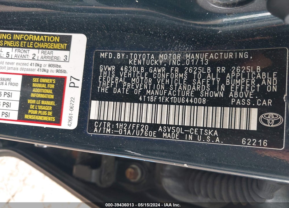 2013 TOYOTA CAMRY SE VIN: 4T1BF1FK1DU644008