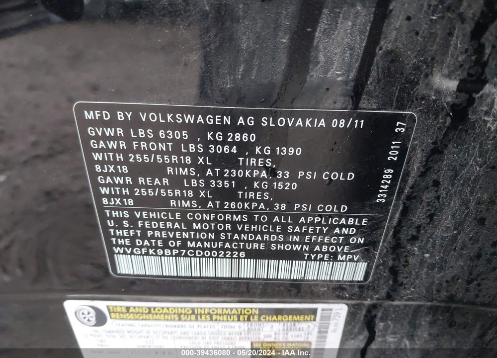2012 VOLKSWAGEN TOUAREG VIN: WVGFK9BP7CD002226