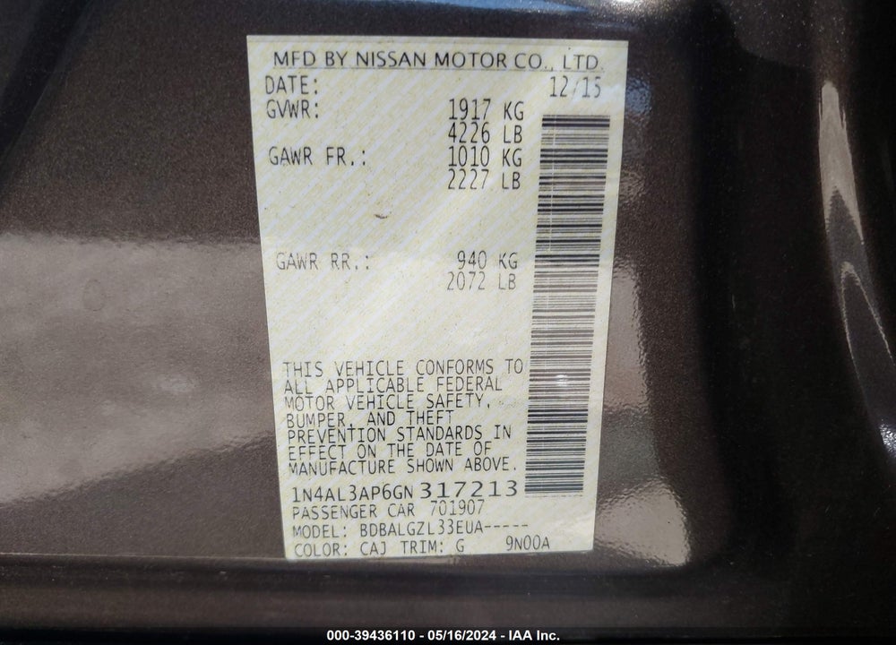 2016 NISSAN ALTIMA VIN: 1N4AL3AP6GN317213
