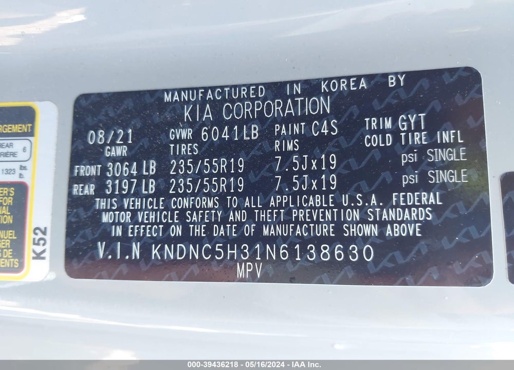 2022 KIA CARNIVAL MPV EX VIN: KNDNC5H31N6138630