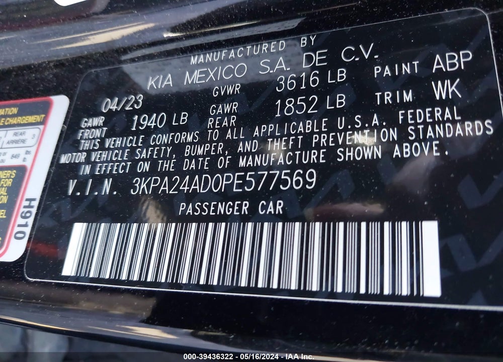 2023 KIA RIO LX VIN: 3KPA24AD0PE577569