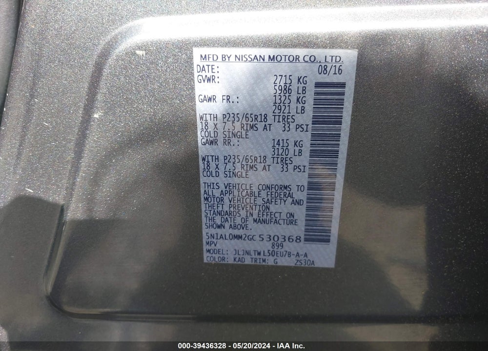 2016 INFINITI QX60 VIN: 5N1AL0MM2GC530368