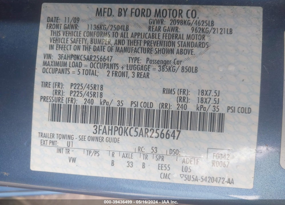2010 FORD FUSION SPORT VIN: 3FAHP0KC5AR256647