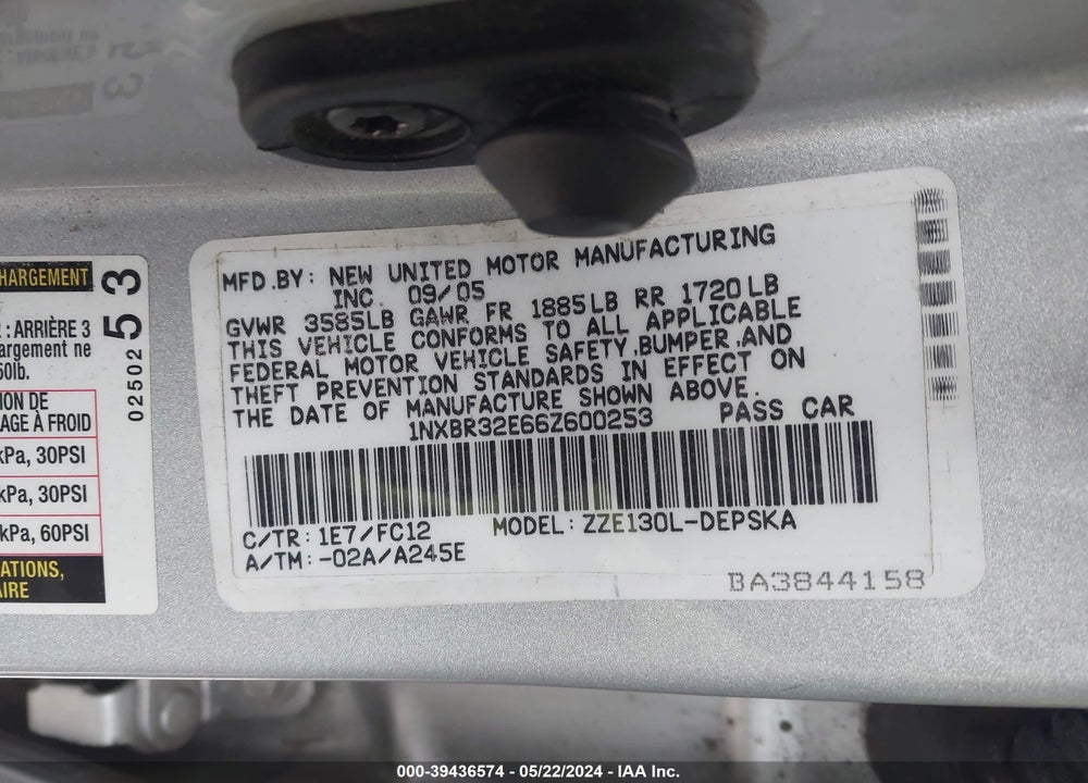 2006 TOYOTA COROLLA S VIN: 1NXBR32E66Z600253