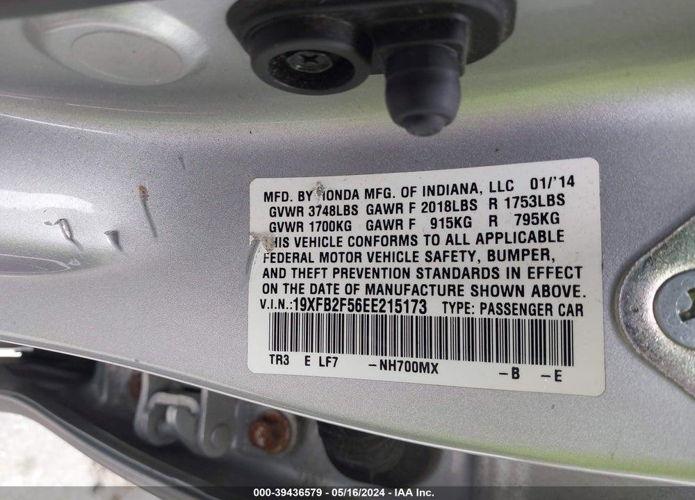 2014 HONDA CIVIC LX VIN: 19XFB2F56EE215173