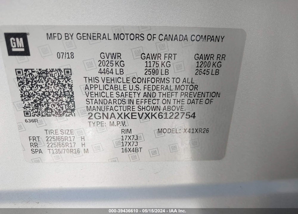 2019 CHEVROLET EQUINOX LT VIN: 2GNAXKEVXK6122754