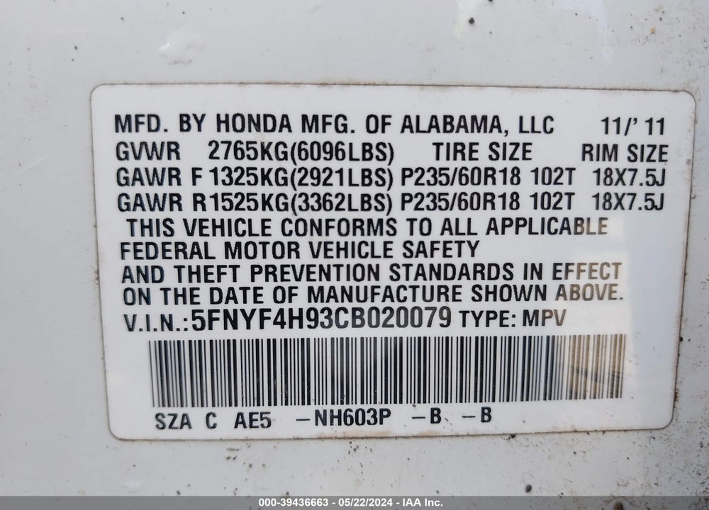 2012 HONDA PILOT TOURING VIN: 5FNYF4H93CB020079