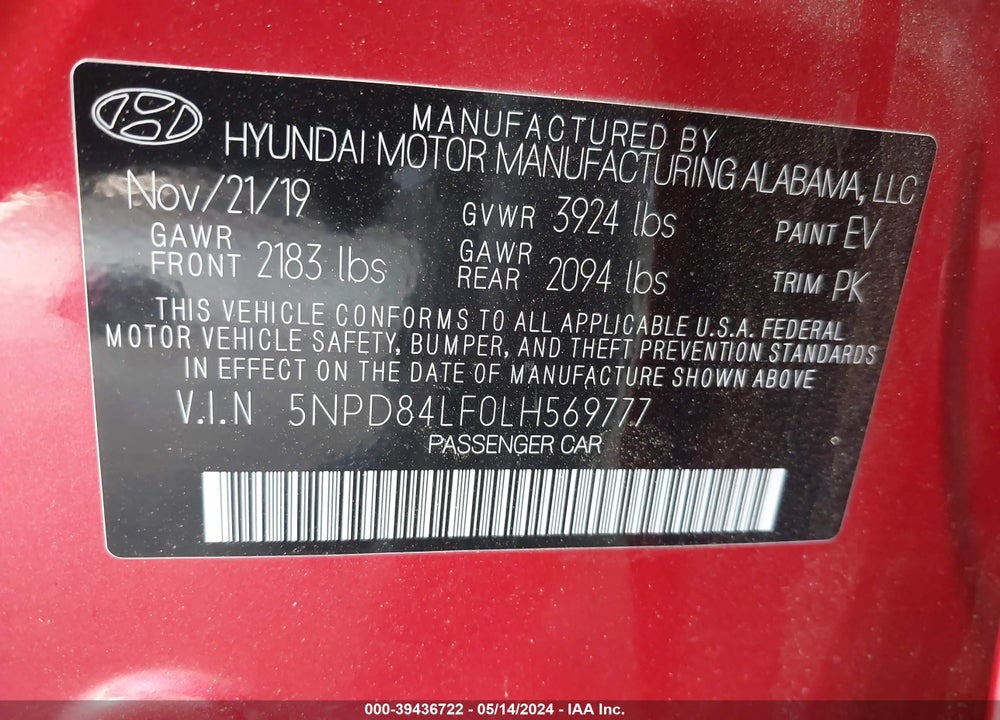 2020 HYUNDAI ELANTRA SEL VIN: 5NPD84LF0LH569777