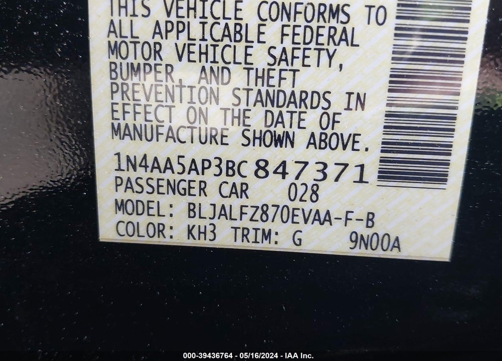 2011 NISSAN MAXIMA 3.5 SV VIN: 1N4AA5AP3BC847371