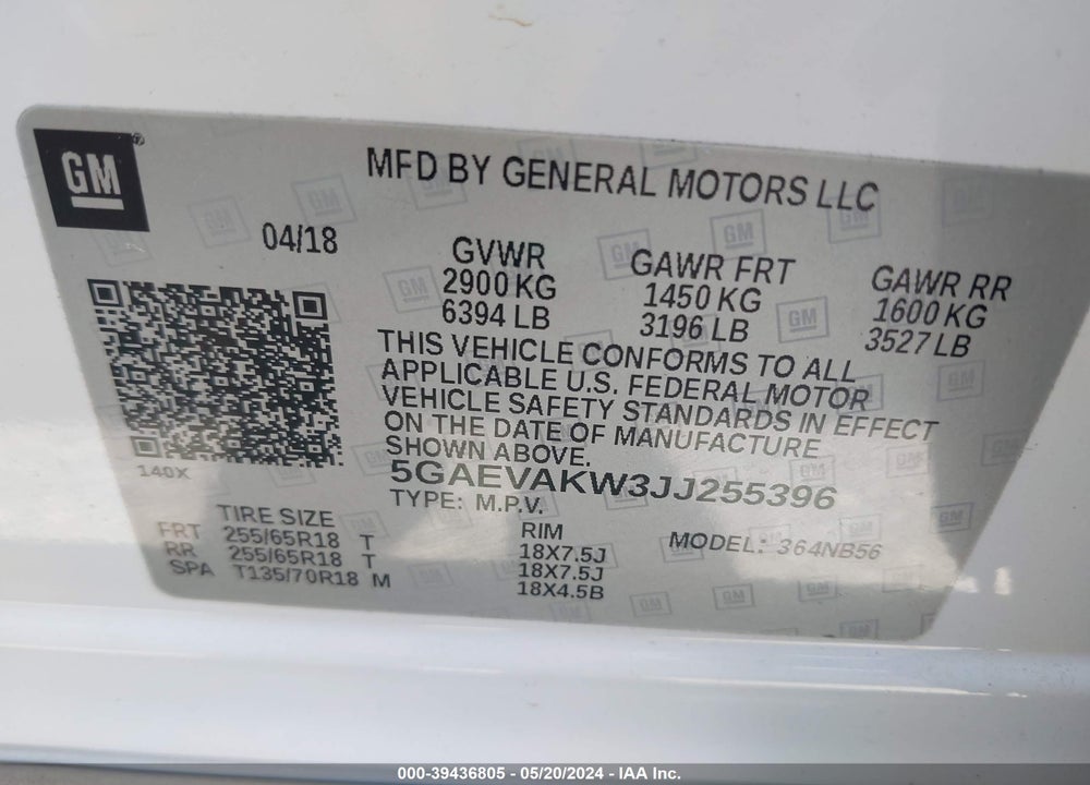 2018 BUICK ENCLAVE ESSENCE VIN: 5GAEVAKW3JJ255396