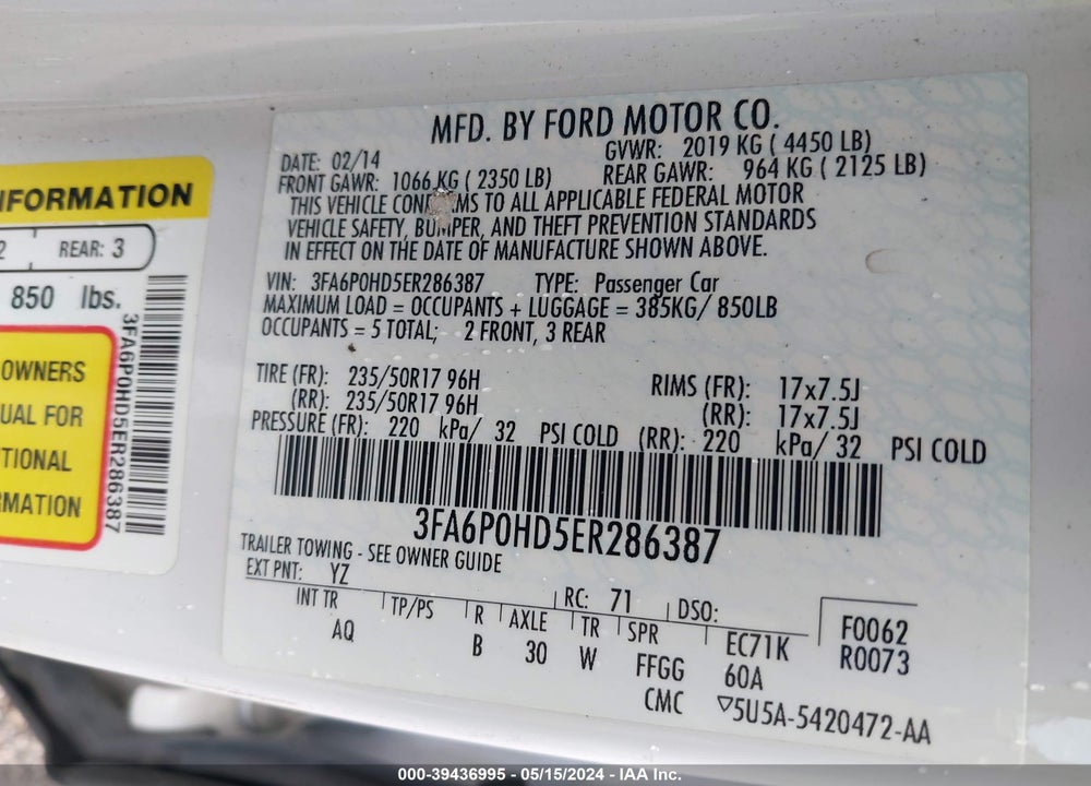 2014 FORD FUSION SE VIN: 3FA6P0HD5ER286387