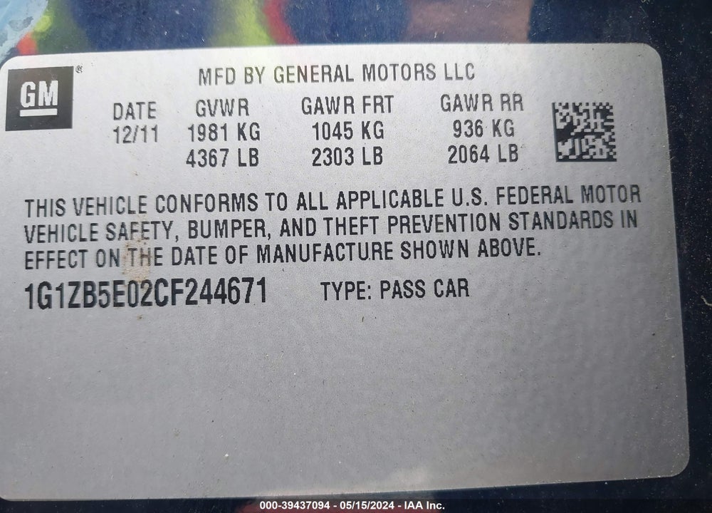 2012 CHEVROLET MALIBU LS VIN: 1G1ZB5E02CF244671