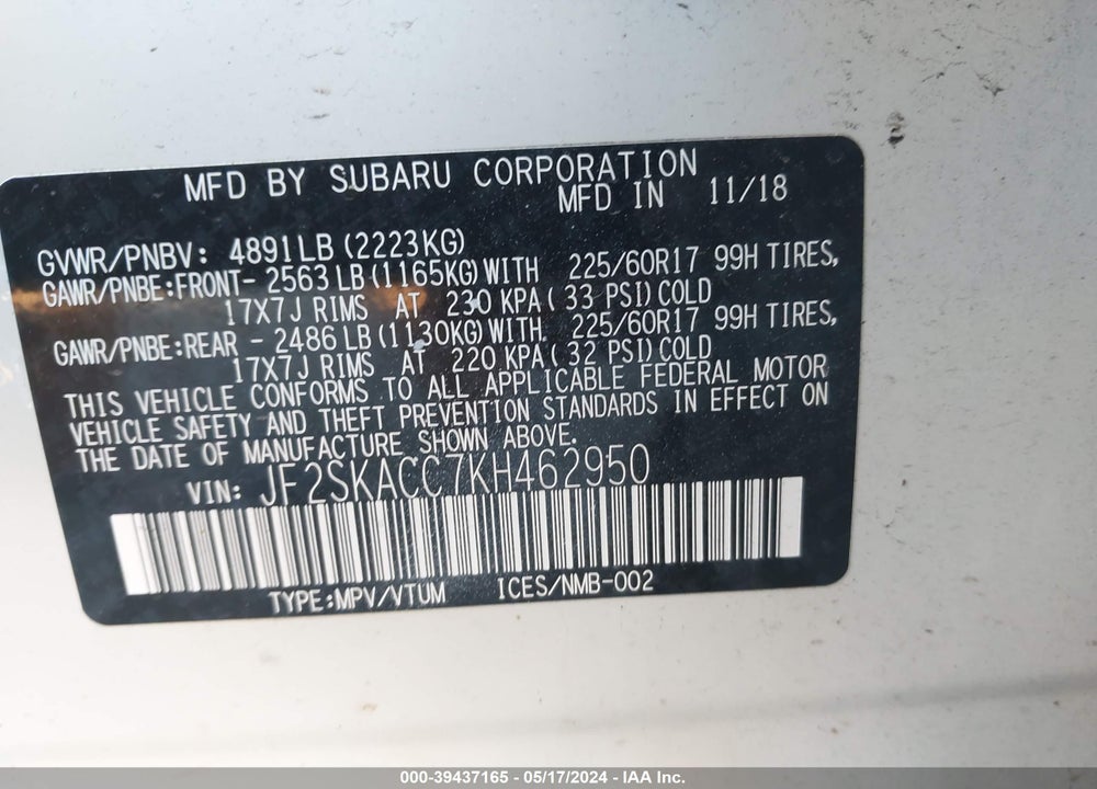 2019 SUBARU FORESTER VIN: JF2SKACC7KH462950