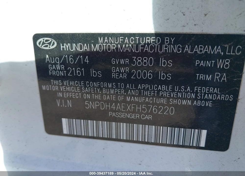 2015 HYUNDAI ELANTRA SE VIN: 5NPDH4AEXFH576220