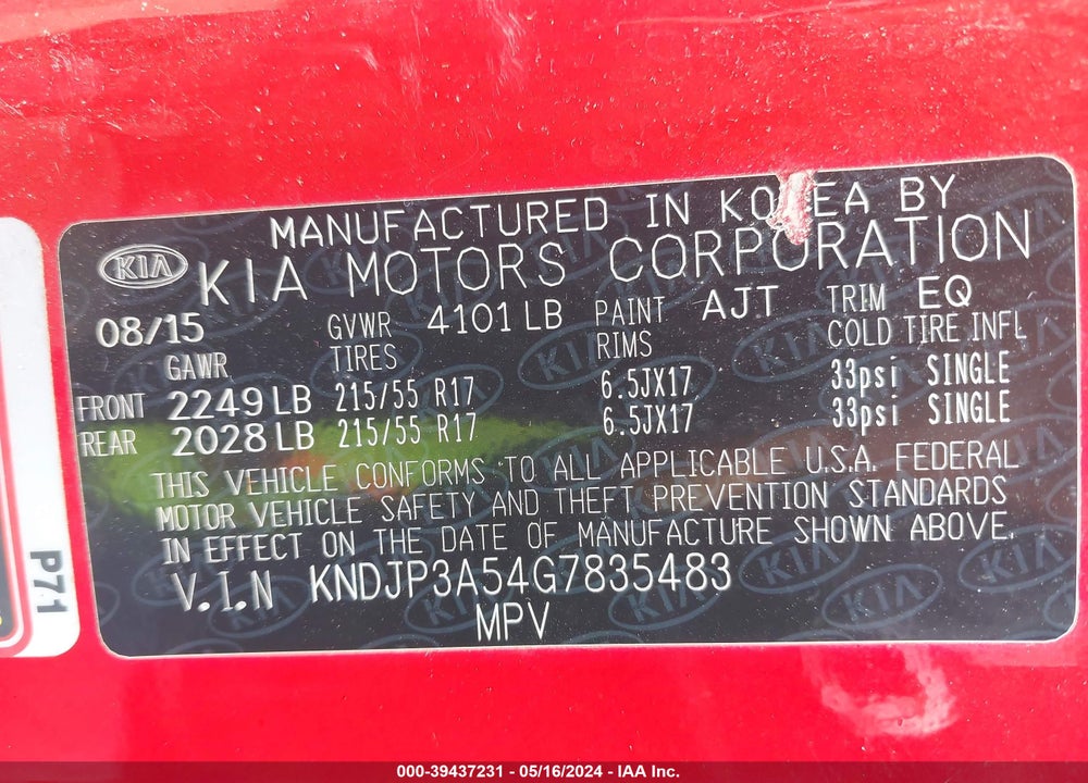 2016 KIA SOUL VIN: KNDJP3A54G7835483