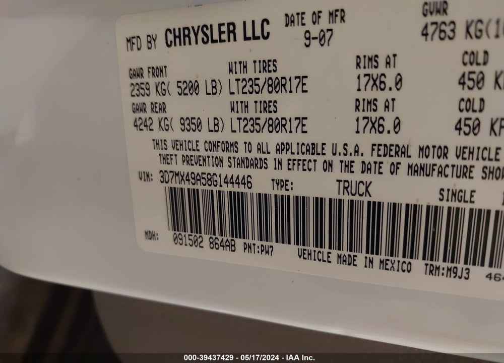 2008 DODGE RAM 3500 SXT/SLT VIN: 3D7MX49A58G144446