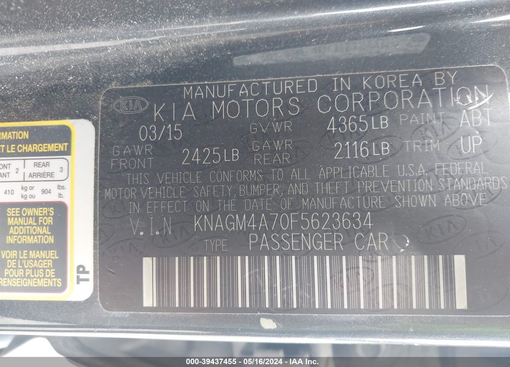 2015 KIA OPTIMA LX VIN: KNAGM4A70F5623634