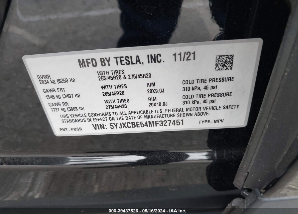 2021 TESLA MODEL X LONG RANGE DUAL MOTOR ALL-WHEEL DRIVE VIN: 5YJXCBE54MF327451
