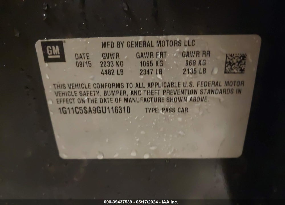 2016 CHEVROLET MALIBU LIMITED LT VIN: 1G11C5SA9GU116310
