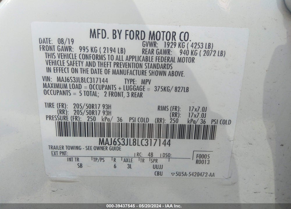 2020 FORD ECOSPORT SES VIN: MAJ6S3JL8LC317144