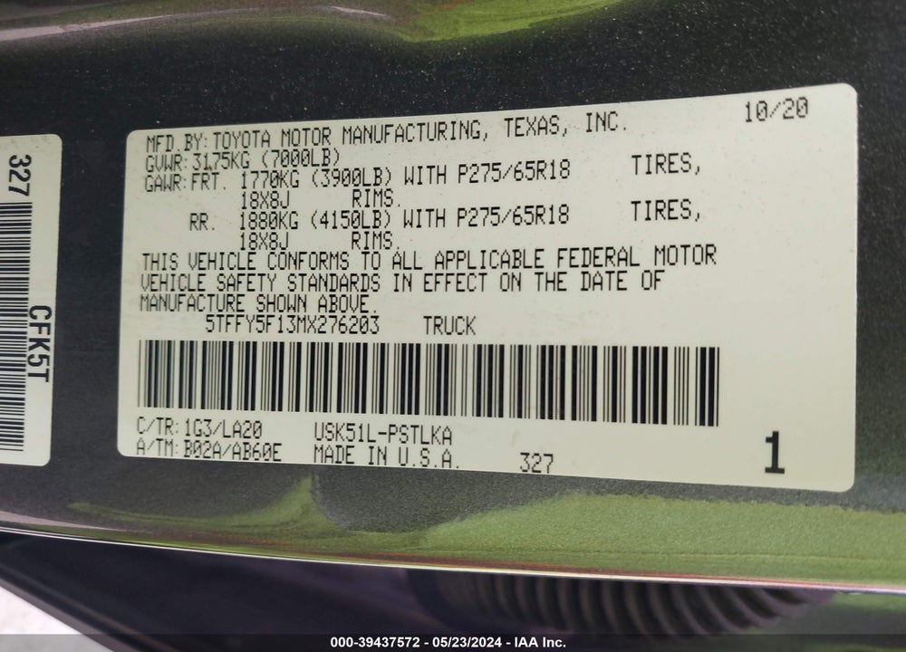 2021 TOYOTA TUNDRA LIMITED VIN: 5TFFY5F13MX276203