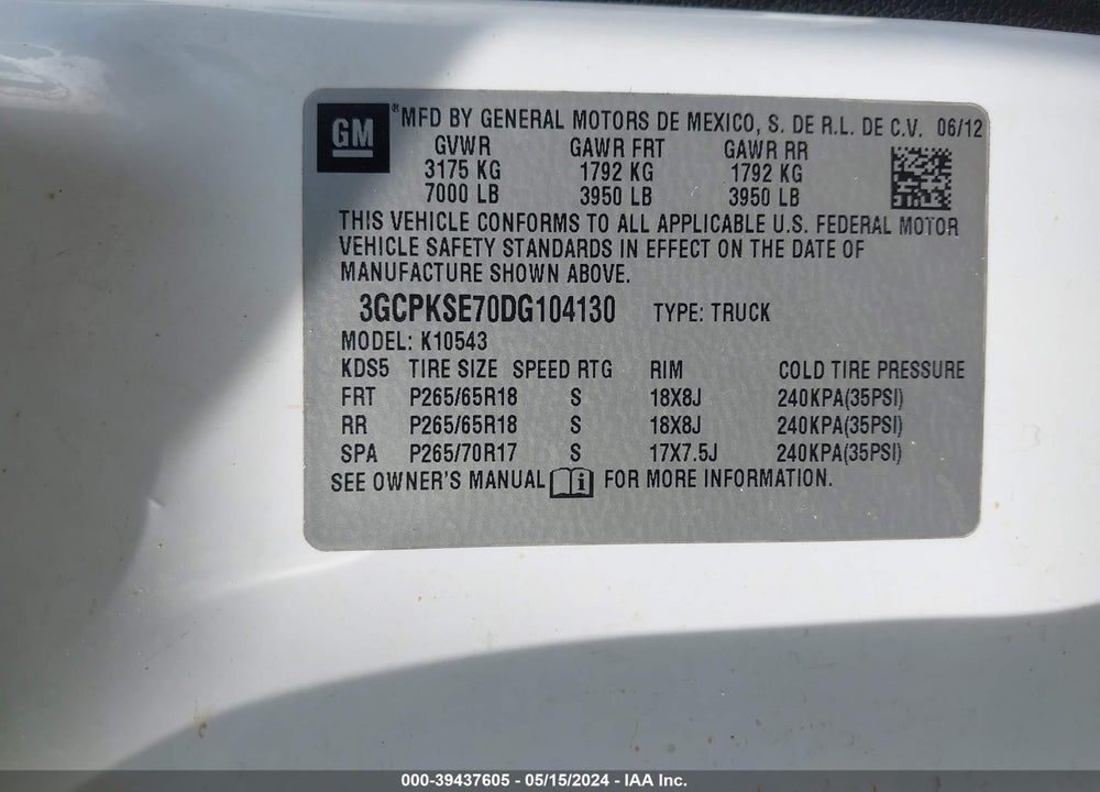 2013 CHEVROLET SILVERADO 1500 LT VIN: 3GCPKSE70DG104130