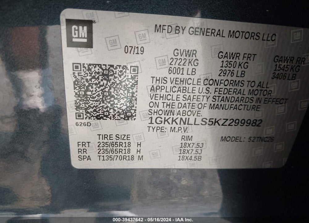 2019 GMC ACADIA SLE-2 VIN: 1GKKNLLS5KZ299982