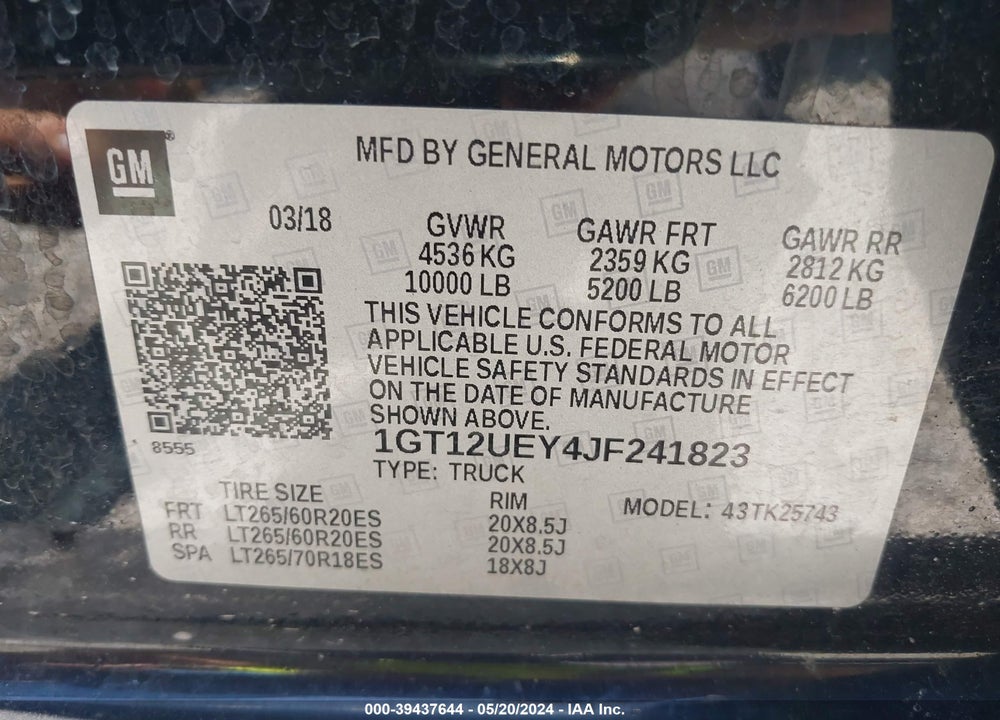 2018 GMC SIERRA 2500HD VIN: 1GT12UEY4JF241823