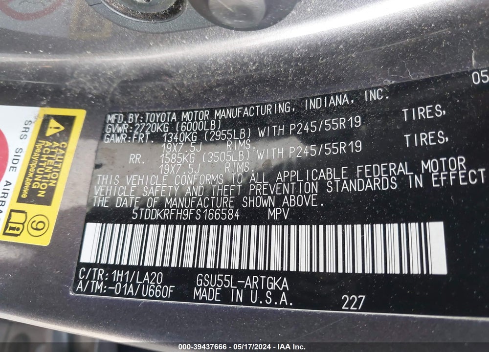 2015 TOYOTA HIGHLANDER LIMITED V6 VIN: 5TDDKRFH9FS166584
