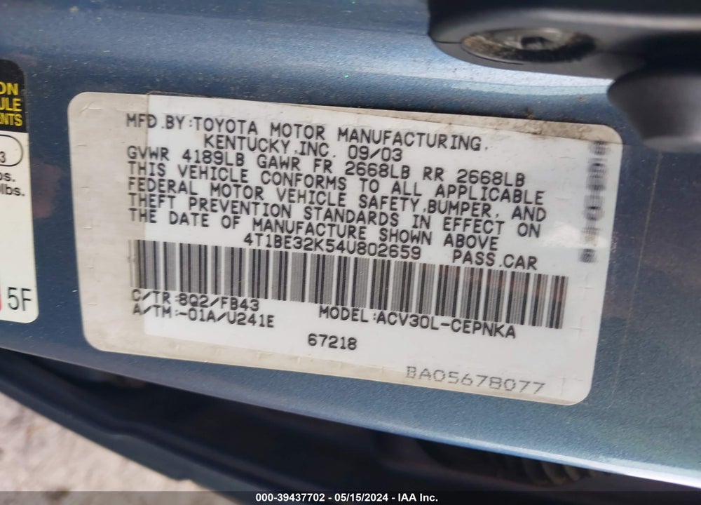 2004 TOYOTA CAMRY LE VIN: 4T1BE32K54U802659