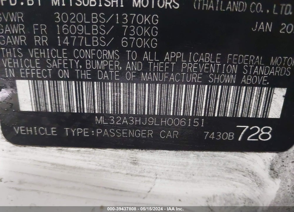 2020 MITSUBISHI MIRAGE ES/SE VIN: ML32A3HJ9LH006151