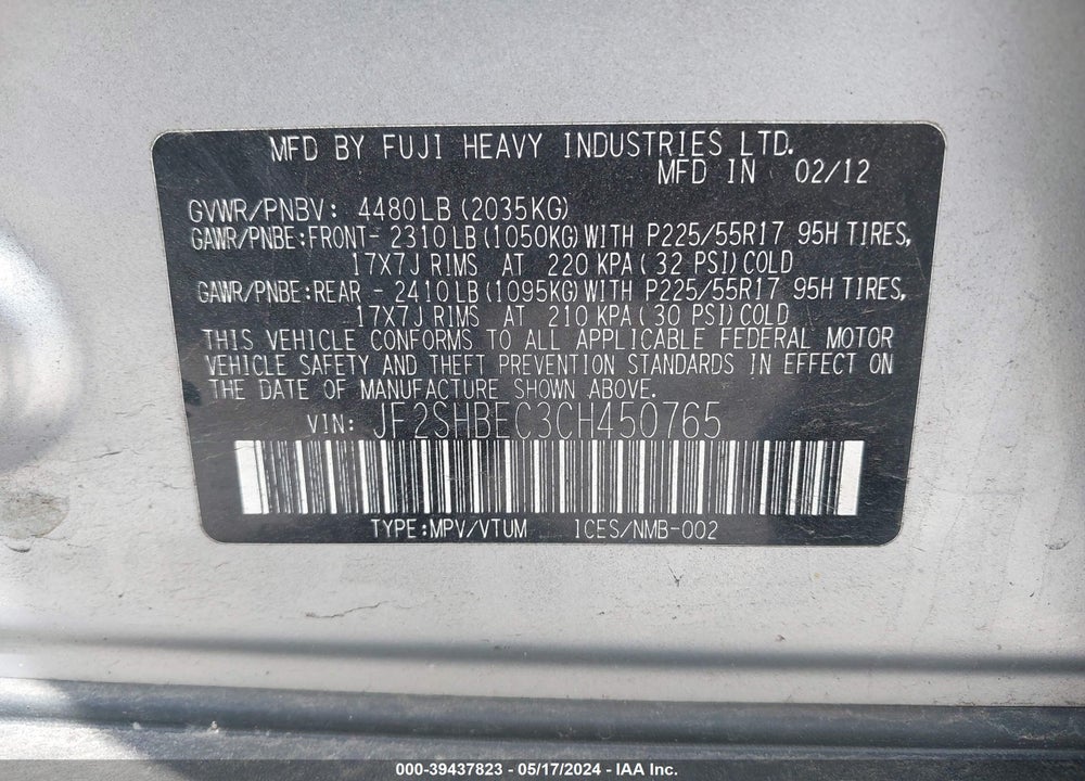 2012 SUBARU FORESTER 2.5X LIMITED VIN: JF2SHBEC3CH450765