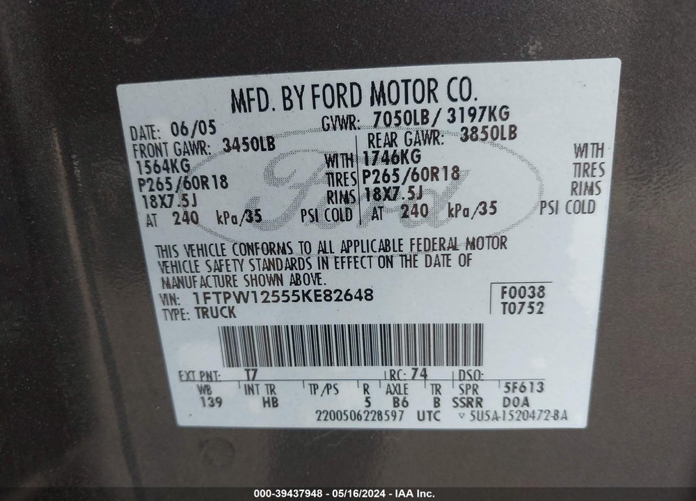 2005 FORD F-150 LARIAT/XLT VIN: 1FTPW12555KE82648
