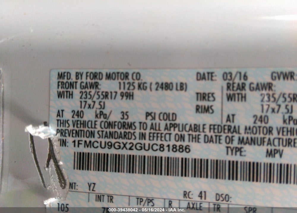2016 FORD ESCAPE SE VIN: 1FMCU9GX2GUC81886