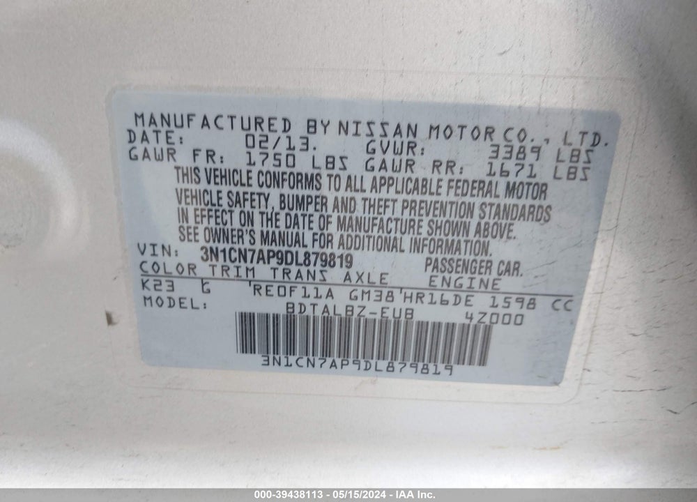 2013 NISSAN VERSA 1.6 SV VIN: 3N1CN7AP9DL879819