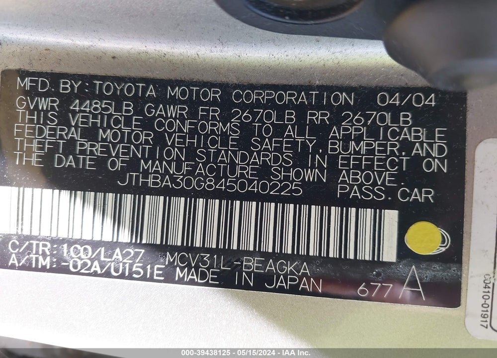 2004 LEXUS ES 330 VIN: JTHBA30G845040225