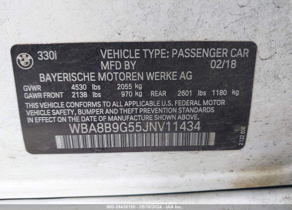 2018 BMW 330I VIN: WBA8B9G55JNV11434