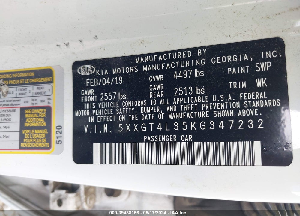 2019 KIA OPTIMA LX VIN: 5XXGT4L35KG347232