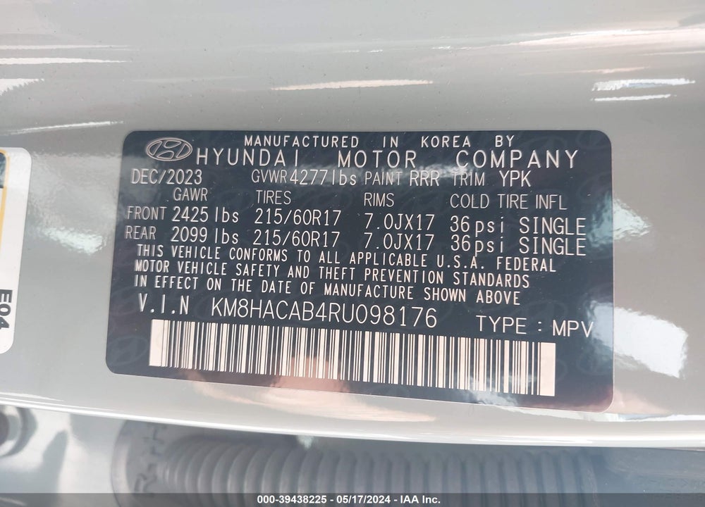 2024 HYUNDAI KONA SE VIN: KM8HACAB4RU098176