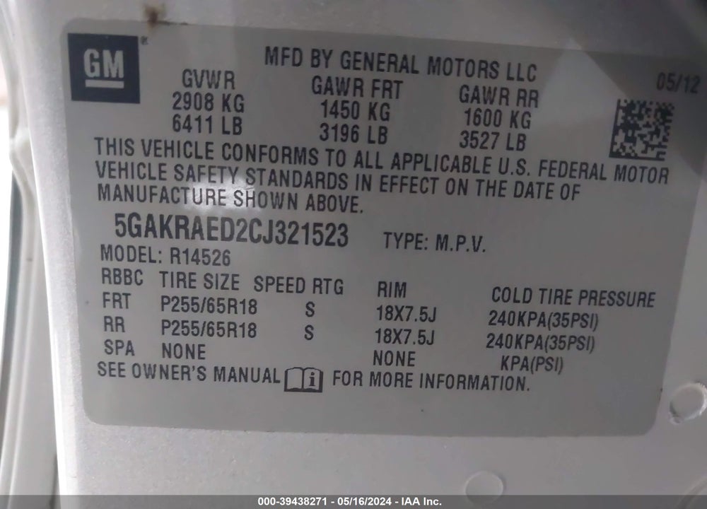 2012 BUICK ENCLAVE VIN: 5GAKRAED2CJ321523