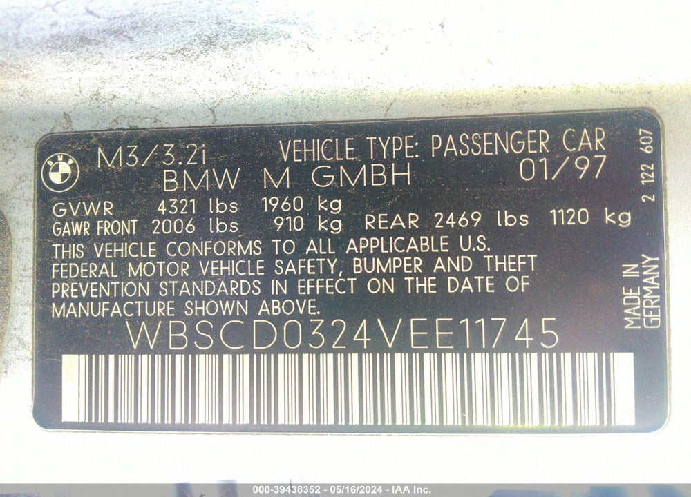 1997 BMW M3 VIN: WBSCD0324VEE11745