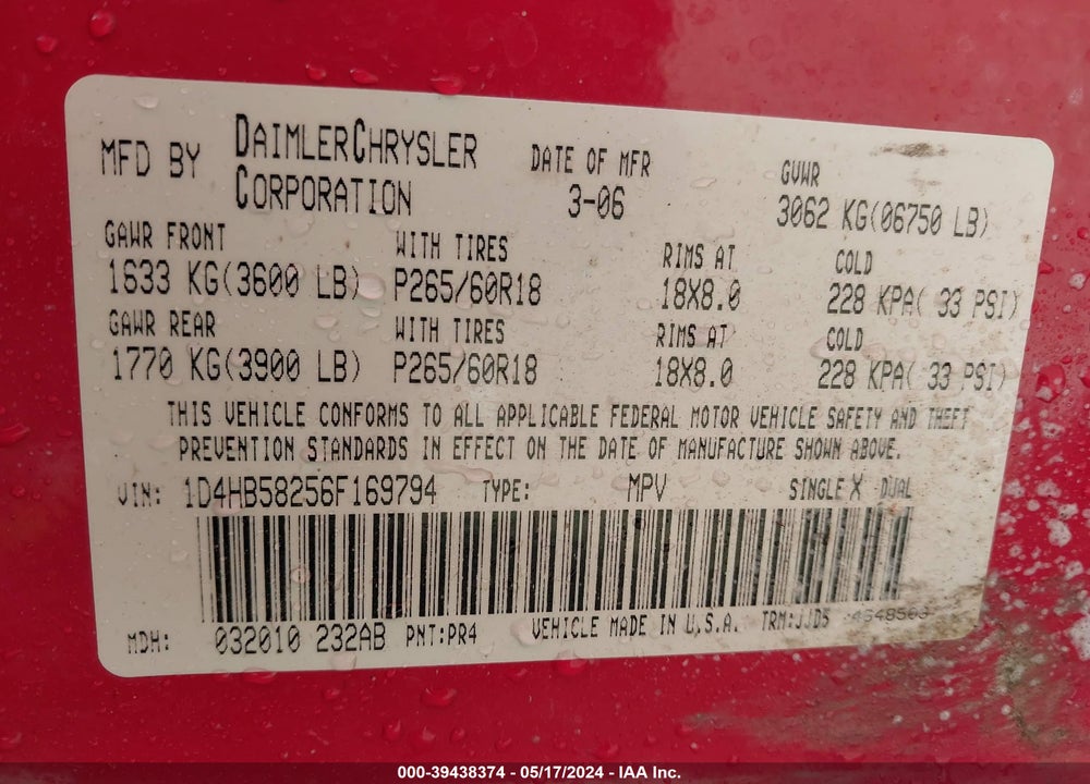 2006 DODGE DURANGO VIN: 1D48B58256F169794