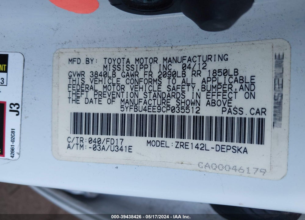 2012 TOYOTA COROLLA S VIN: 5YFBU4EE9CP035512
