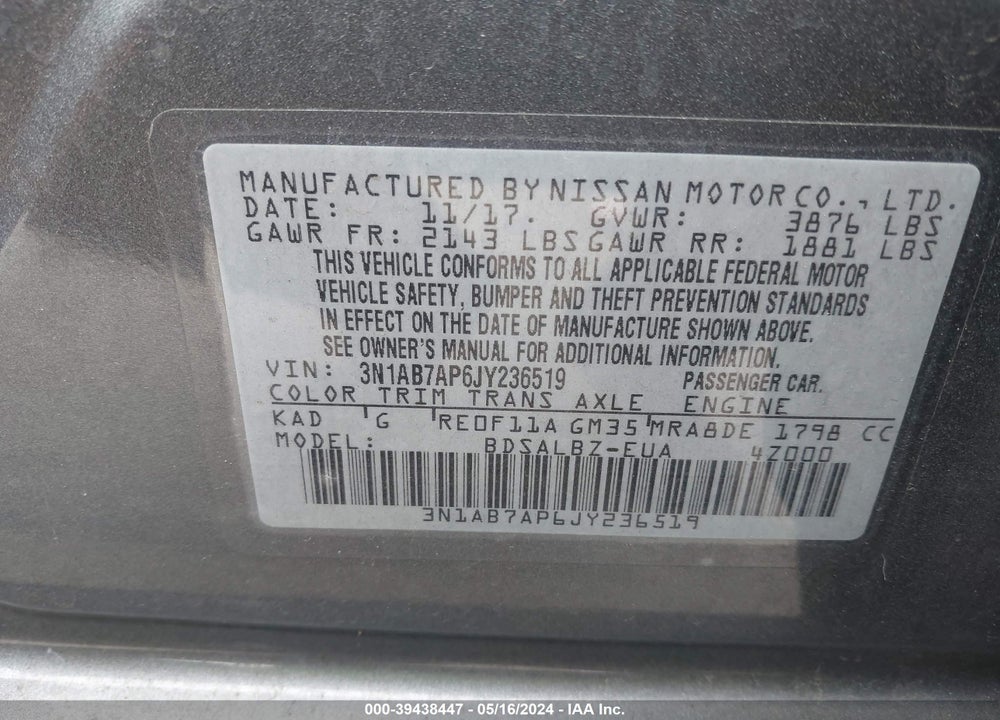 2018 NISSAN SENTRA S VIN: 3N1AB7AP6JY236519