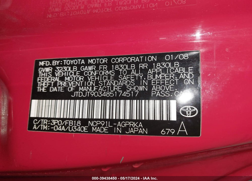 2008 TOYOTA YARIS VIN: JTDJT903485174517