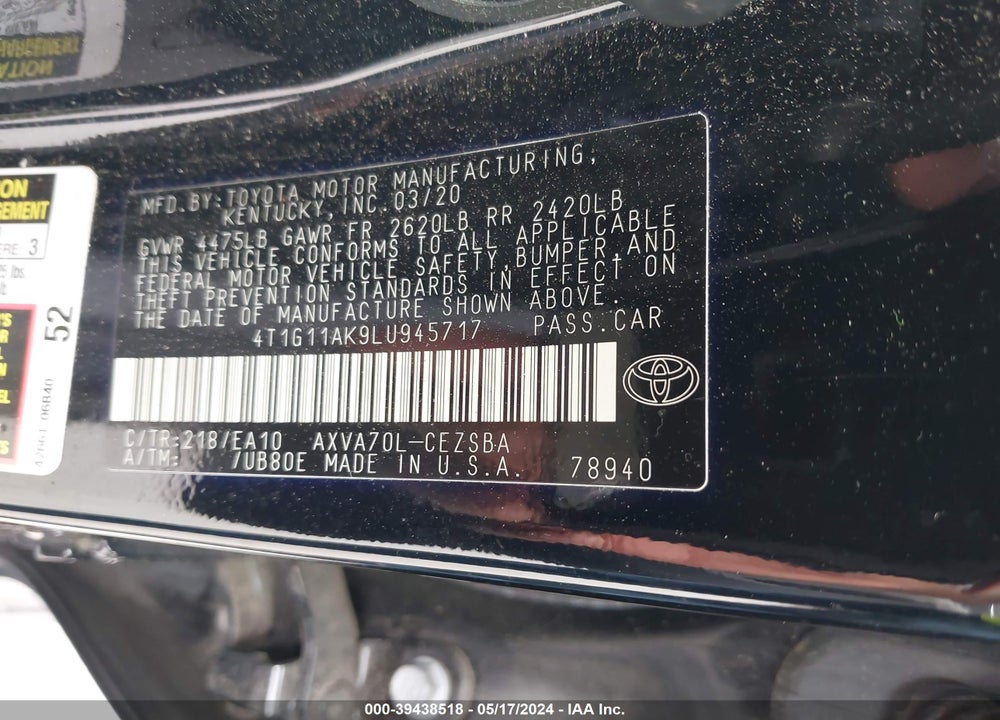 2020 TOYOTA CAMRY SE VIN: 4T1G11AK9LU945717