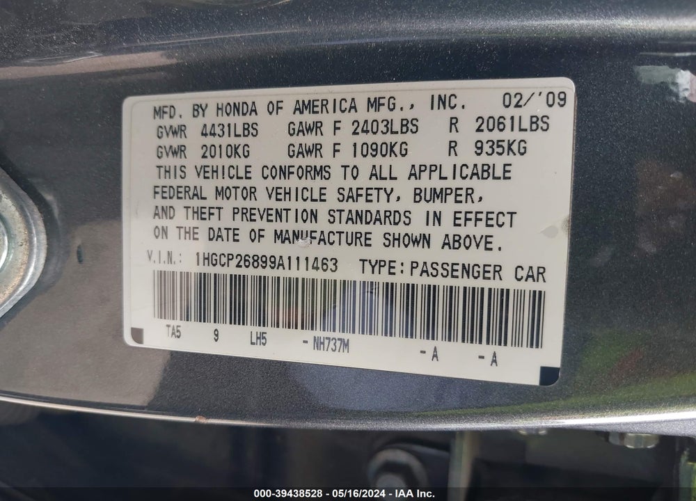2009 HONDA ACCORD 2.4 EX-L VIN: 1HGCP26899A111463