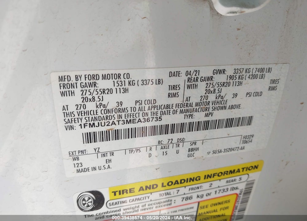 2021 FORD EXPEDITION LIMITED VIN: 1FMJU2AT3MEA36735