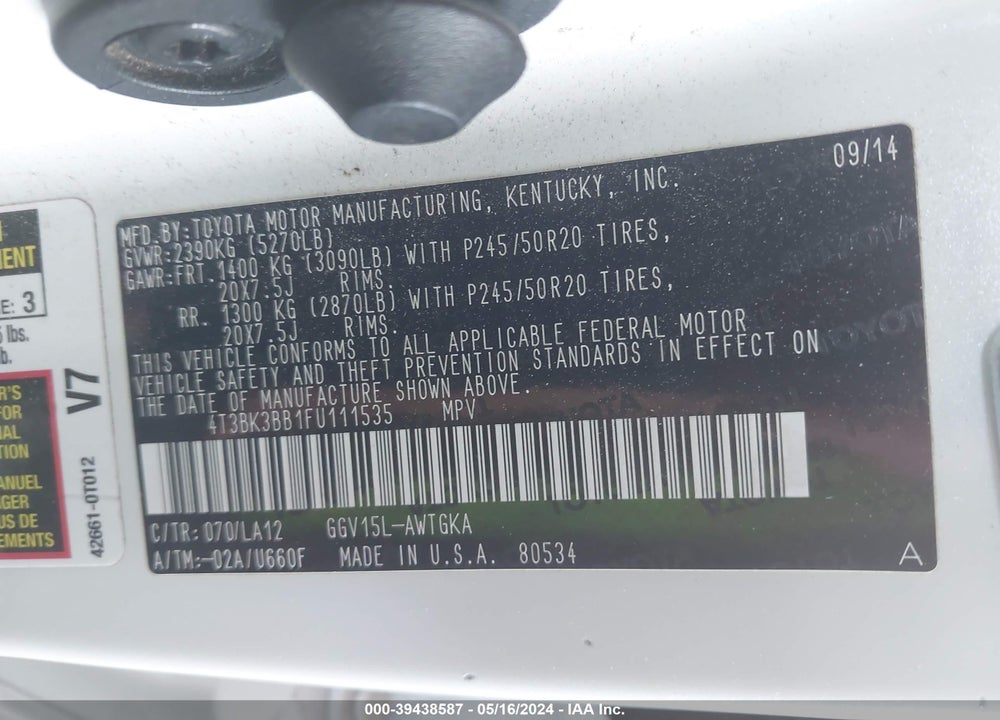 2015 TOYOTA VENZA LIMITED V6 VIN: 4T3BK3BB1FU111535